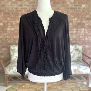 Studio M Top Black Ruffle Front Kimono Sleeve Knit Blouson Smocked XS Classic